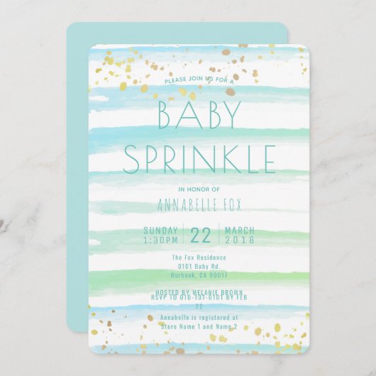 Waterverf Blue Stripes Baby Sprinkle Invitation Kaart (Voorkant / Achterkant)