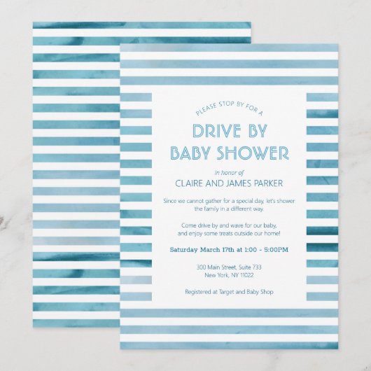 Waterverf Blue Stripes Drive by Baby shower Kaart (Voorkant / Achterkant)