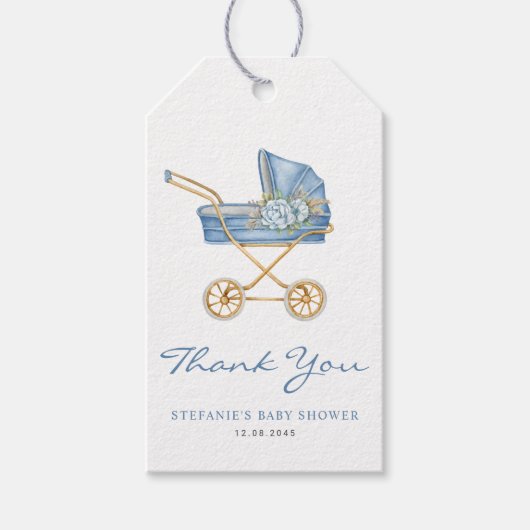Waterverf Blue Stroller Baby shower Dank u Cadeaulabel (Voorkant)
