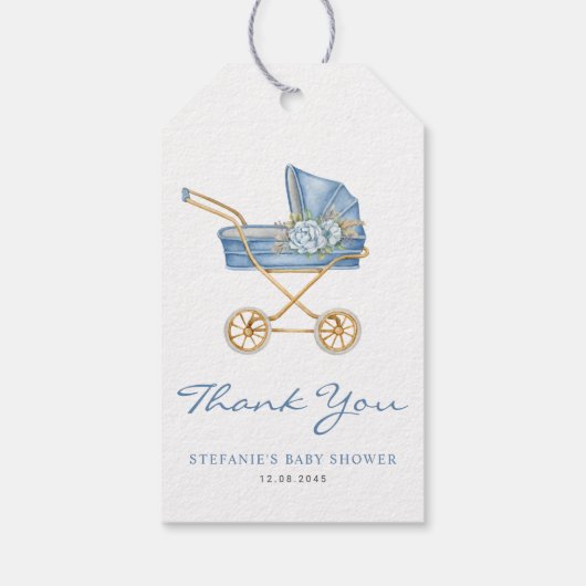 Waterverf Blue Stroller Baby shower Dank u Cadeaulabel (Achterkant)