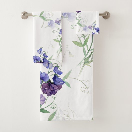Waterverf Blue Sweet Peas Garden Flower Pattern Bad Handdoek (Insitu)