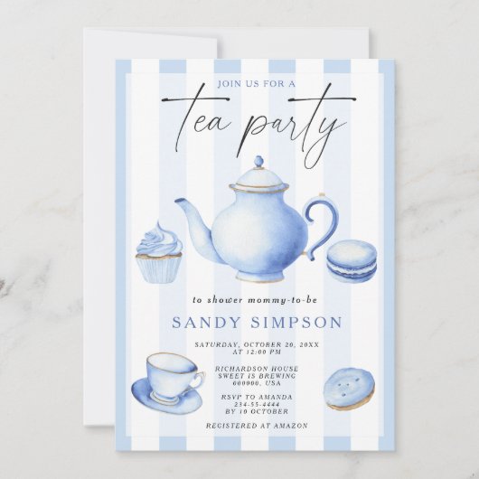Waterverf Blue Tea Party Baby Baby shower Kaart (Voorkant)