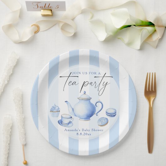 Waterverf Blue Tea Party Baby shower Papieren Bordje (Huwelijk)
