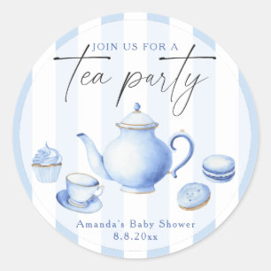 Waterverf Blue Tea Party Baby shower Ronde Sticker