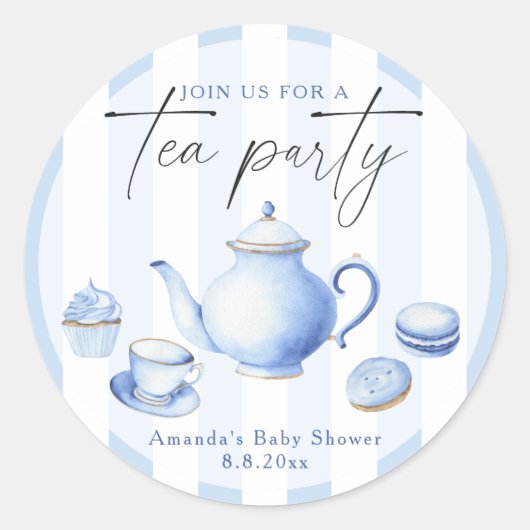 Waterverf Blue Tea Party Baby shower Ronde Sticker (Voorkant)