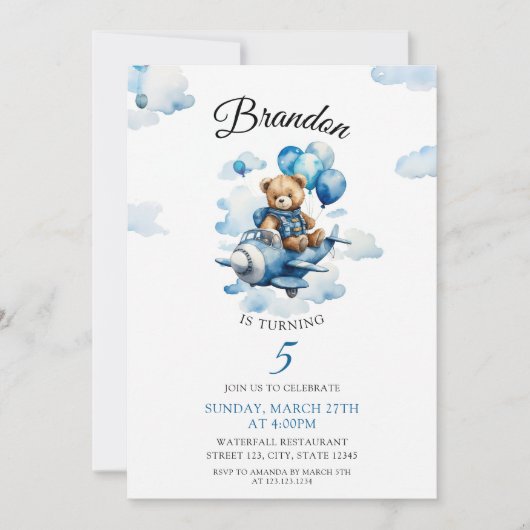 Waterverf Blue Teddy Bear Vliegtuig 5e verjaardag Kaart (Voorkant)