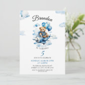 Waterverf Blue Teddy Bear Vliegtuig 5e verjaardag Kaart (Staand voorkant)
