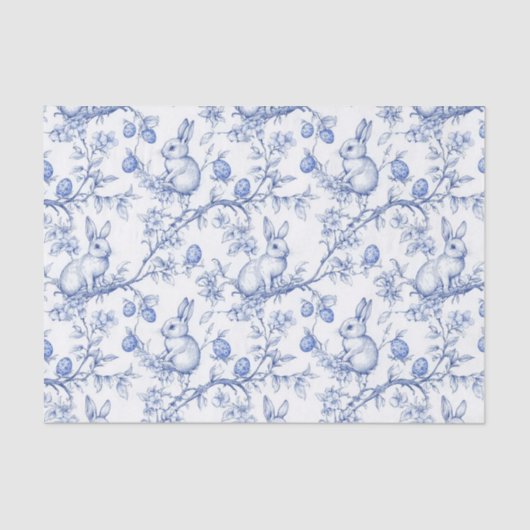 Waterverf Blue Toile De Jouy Paaskonijn Tissuepapier (Voorkant)