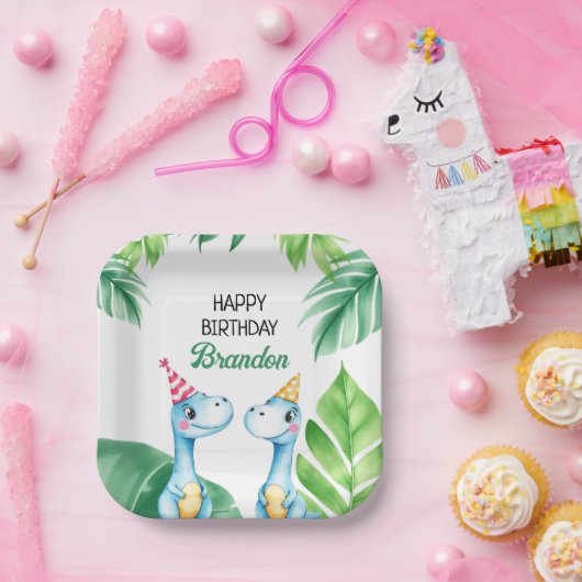 Waterverf Blue Trex Greenery Kinder 3e verjaardag Papieren Bordje (Feest)