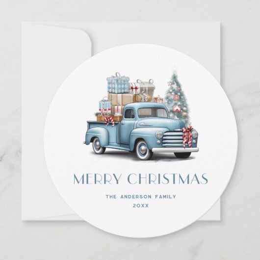 Waterverf Blue Truck Gingham Pset-kerstkaart Feestdagenkaart (Voorkant)