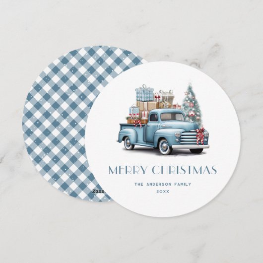 Waterverf Blue Truck Gingham Pset-kerstkaart Feestdagenkaart (Voorkant / Achterkant)