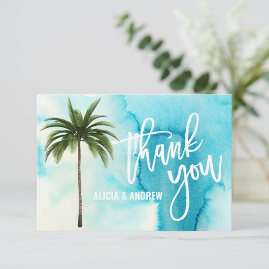 Waterverf Blue Turquoise Palm Tree DANK U Bedankkaart (Staand voorkant)