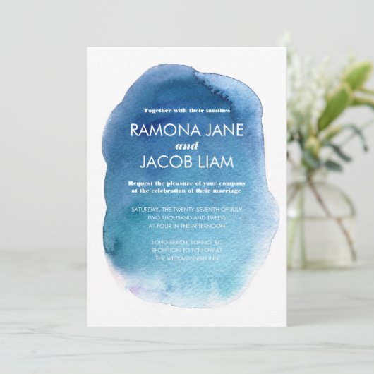 Waterverf Blue Wedding Uitnodiging (Staand voorkant)