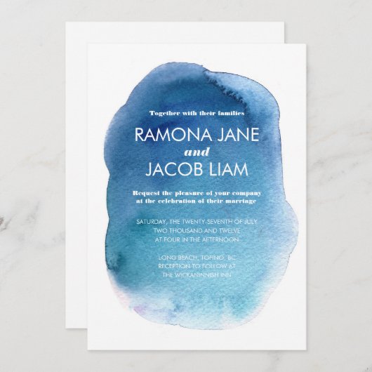 Waterverf Blue Wedding Uitnodiging (Voorkant / Achterkant)