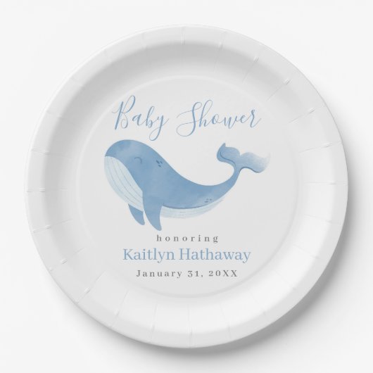 Waterverf Blue Whale Baby shower Papieren Bordje (Voorkant)
