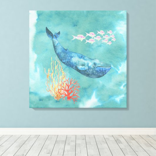 Waterverf Blue Whale ID368 Canvas Afdruk (Insitu (Houten vloer))