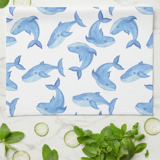 Waterverf Blue Whale Patroon Theedoek (Gevouwen)