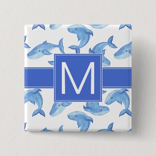 Waterverf Blue Whale Patroon Vierkante Button 5,1 Cm (Voorkant)