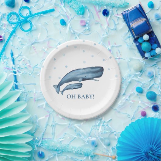 Waterverf Blue Whales & Bubbles Ocean Baby shower Papieren Bordje (Feest)