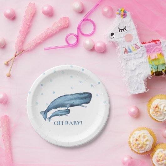 Waterverf Blue Whales & Bubbles Ocean Baby shower Papieren Bordje (Feest)