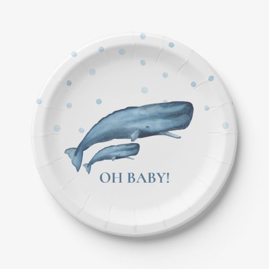 Waterverf Blue Whales & Bubbles Ocean Baby shower Papieren Bordje (Voorkant)