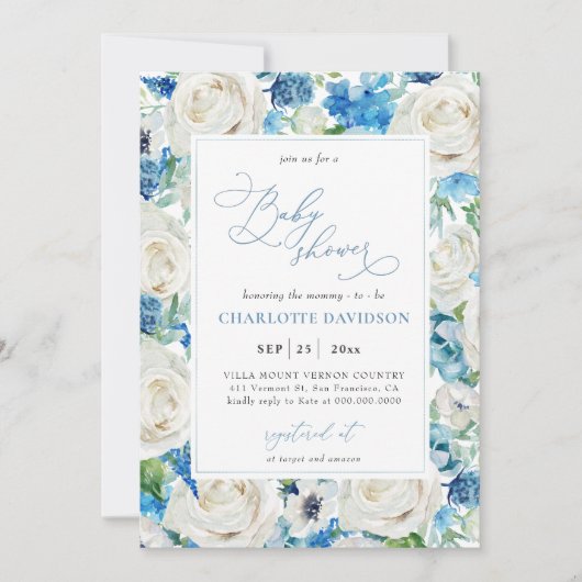 Waterverf Blue White Floral Boy Baby shower  Kaart (Voorkant)