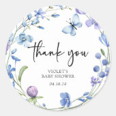 Waterverf Blue Wildflower Baby shower Dank u Ronde Sticker (Voorkant)