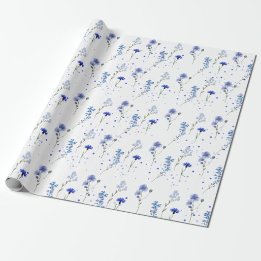 Waterverf Blue Wildflower bruiloft Cadeaupapier (Uitgerold)