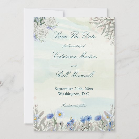 Waterverf Blue Wildflower Save the Date Kaart (Voorkant)