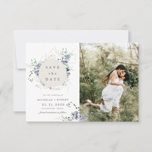 Waterverf Blue Wildflower Twee foto Sla de datum o Kaart (Voorkant)