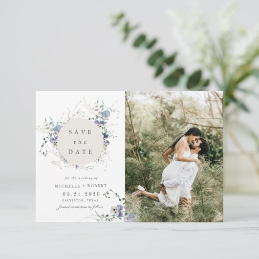 Waterverf Blue Wildflower Twee foto Sla de datum o Kaart (Staand voorkant)