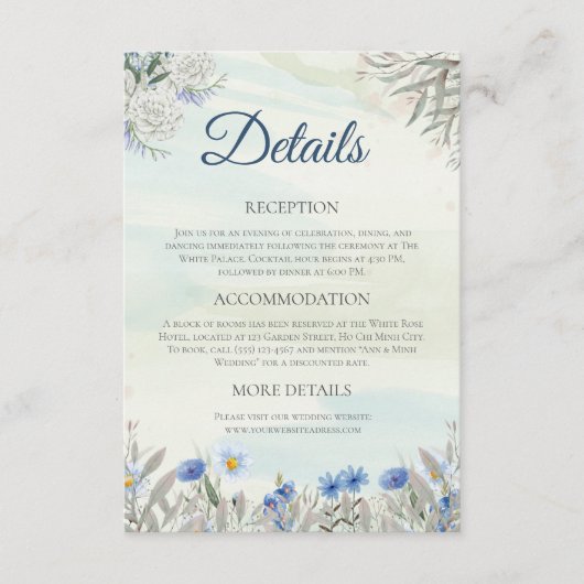 Waterverf Blue Wildflower Wedding Details Kaart (Voorkant)