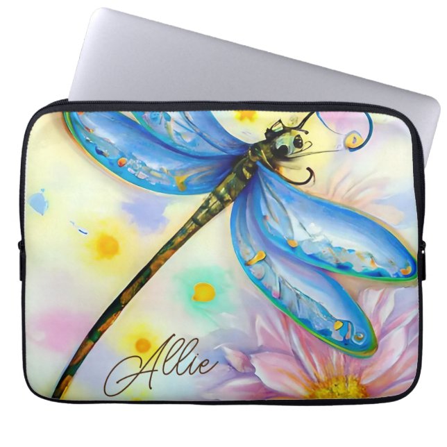 Waterverf Blue Wing Dragonfly, personaliseren Laptop Sleeve (Voorkant)