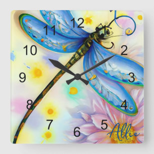 Waterverf Blue Wing Dragonfly, personaliseren Vierkante Klok