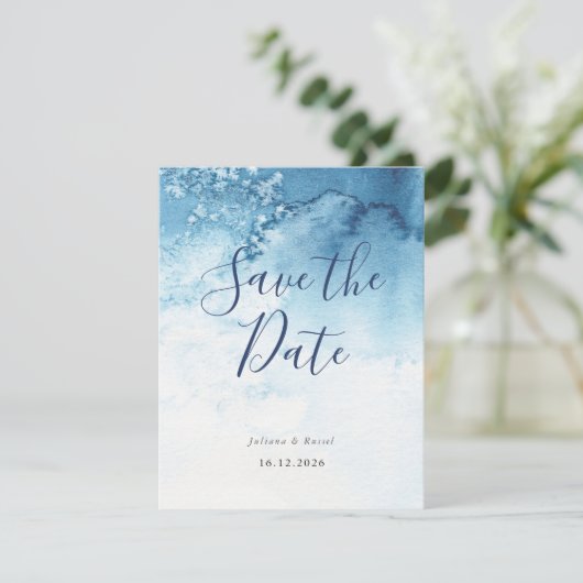 Waterverf Blue Winter Wedding Save The Date (Staand voorkant)