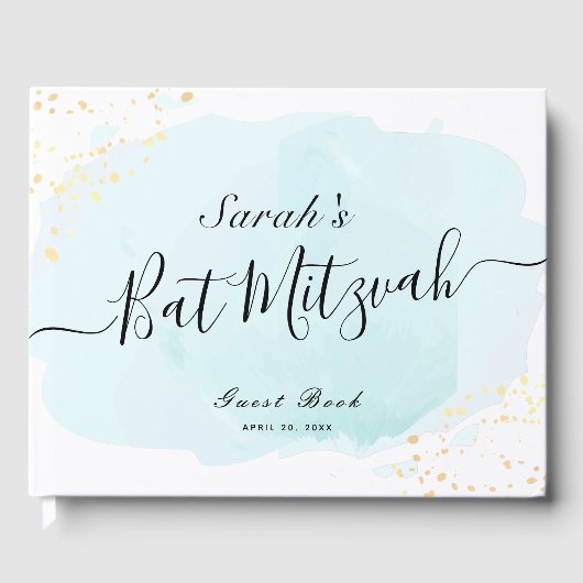 Waterverf Blue x Gold Bat Mitzvah Guest Book Gastenboek (Voorkant)