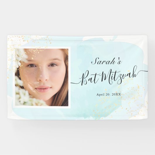 Waterverf Blue x Gold Photo Bat Mitzvah Banner (Horizontaal)