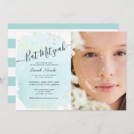 Waterverf Blue x Gold Photo Bat Mitzvah Kaart