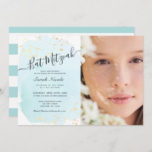 Waterverf Blue x Gold Photo Bat Mitzvah Kaart