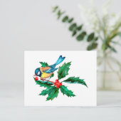 Waterverf Blue Yellow Bird op Holly Berry Branch Briefkaart (Staand voorkant)