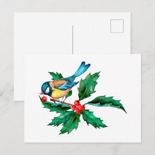 Waterverf Blue Yellow Bird op Holly Berry Branch Briefkaart (Voorkant / Achterkant)
