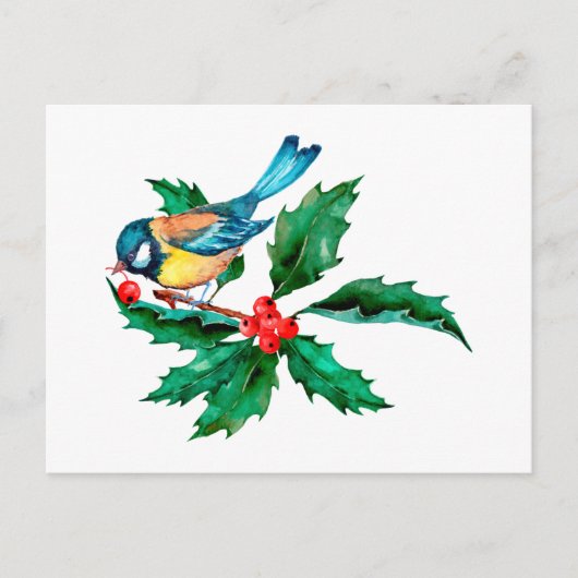Waterverf Blue Yellow Bird op Holly Berry Branch Briefkaart (Voorkant)