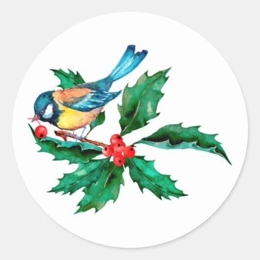 Waterverf Blue Yellow Bird op Holly Berry Branch Ronde Sticker (Voorkant)