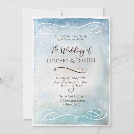 Waterverf Blue Zee of Sky Wedding Invitation Kaart (Voorkant)