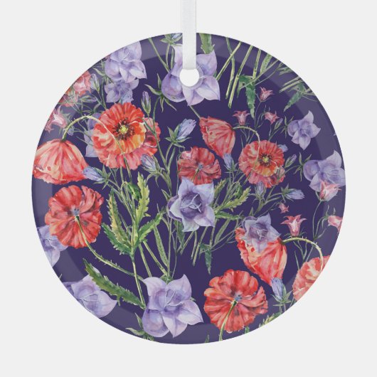 Waterverf Bluebell Poppy Array Glas Ornament (Voorkant)