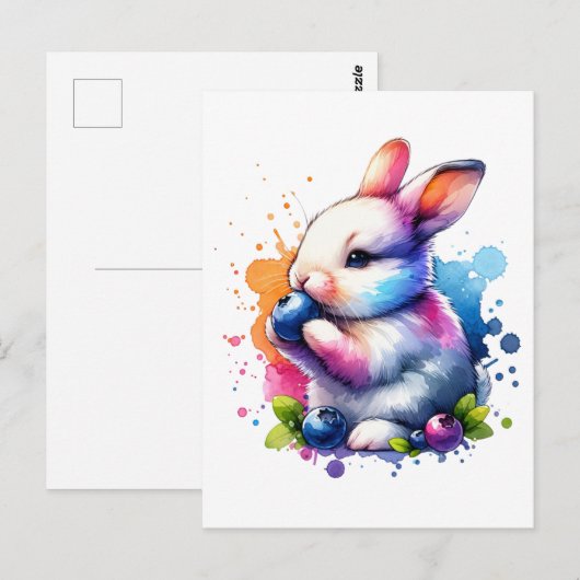 Waterverf Blueberry Bunny Briefkaart (Voorkant / Achterkant)