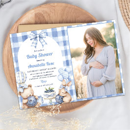 Waterverf Blueberry Gingham 1st Baby shower Party Kaart