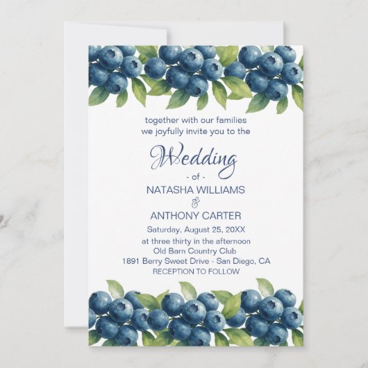Waterverf Blueberry huwelijksuitnodiging Kaart (Voorkant)