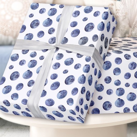 Waterverf Blueberry Pattern Blauw Wit Cadeaupapier