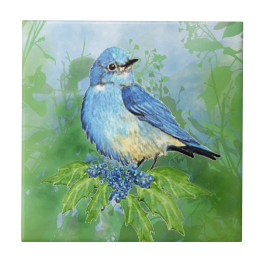 Waterverf Bluebird and Oregon Grape Garden Bird Tegeltje (Voorkant)